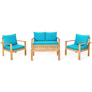 Brown 4-Pieces Wood Patio Conversation Set with Blue Cushions