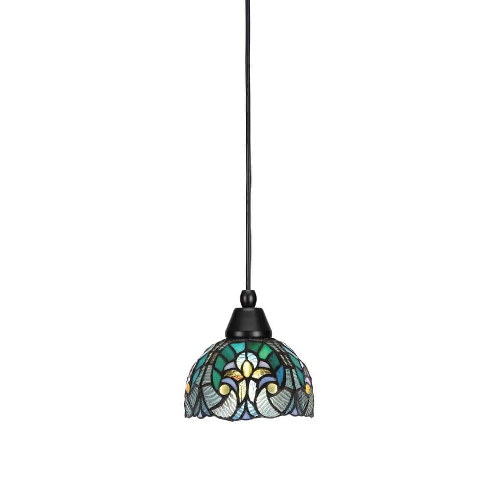 Bryson 7 in. 1-Light Matte Black Cord Pendant Light with 7 in. Turquoise Cy