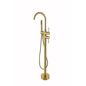 2-Handle Floor Mounted Freestanding Residentail Tub Faucet with Hand Shower in Brushed Brass