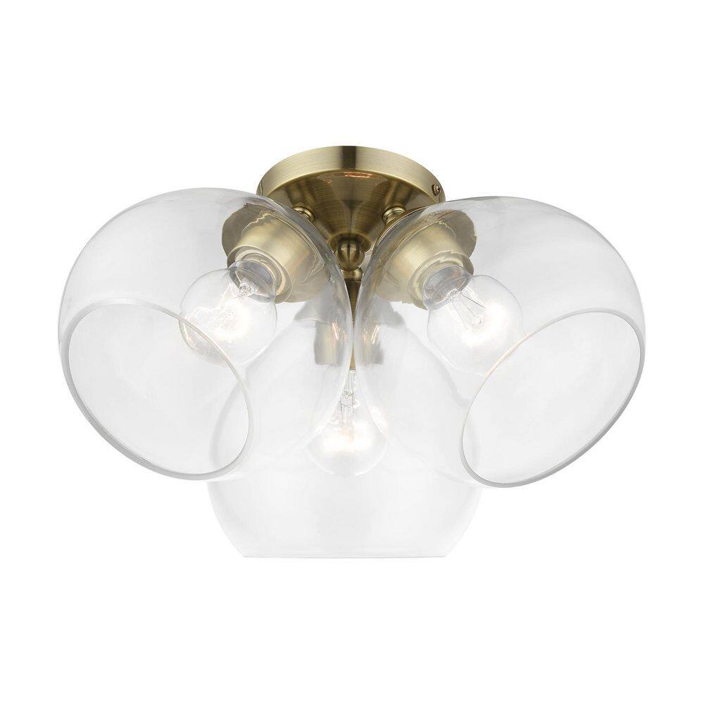Antique Brass and Clear Glass 3-Light Semi-Flush Mount