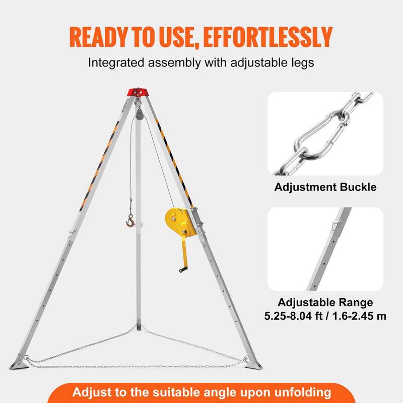 Confined Space Tripod Kit 2600 lbs. Winch Rescue Tripod w/8 ft. Leg, 98 ft. Cable, 33 ft. Fall Protection and Harness