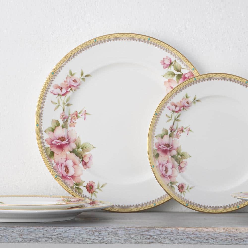 Floral Gold Trim Porcelain Entree Plates, Set of 4