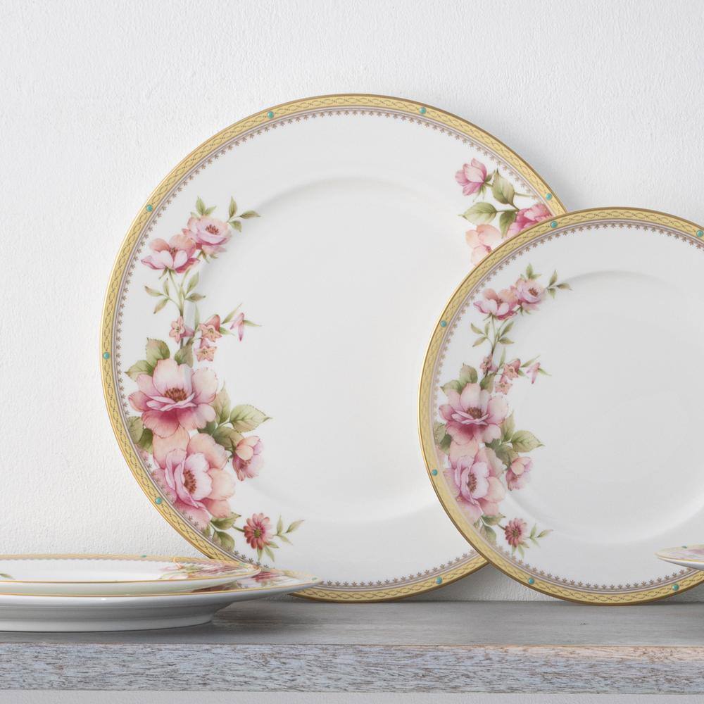 Floral Gold Trim Porcelain Entree Plates, Set of 4