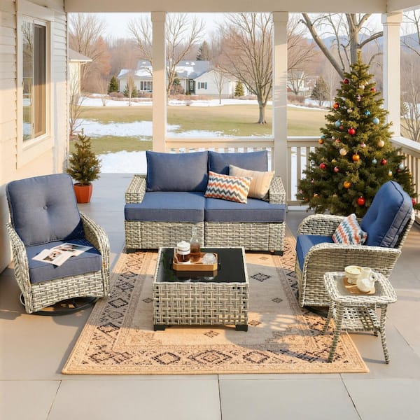 Torino Gray 6-Piece Modern Wicker Patio Conversation Deep Seating Set with Swivel Rocking Chairs and Denim Blue Cushions