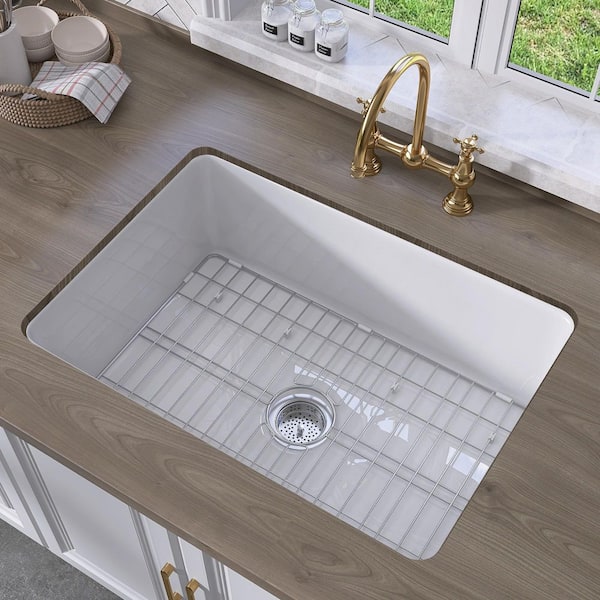 NTQ 27 in. Drop In Sink White Single Bowl Kitchen Sink Fireclay Farmhouse Sink with Basin Rack Undermount Kitchen Sink