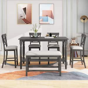 6-Pieces Wood Top Counter Height Dining Table Set with Storage Shelf, 4 Cushioned Chairs and 1 Bench for Kitchen, Gray
