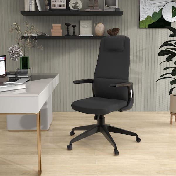 Nexa Leather Adjustable Height Swivel Tilt Ergonomic Office Chair in Black with Arms Modern Computer Chair in Steel