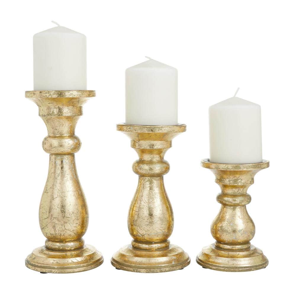 Elegant Gold Mango Wood Pillar Candle Holder Trio