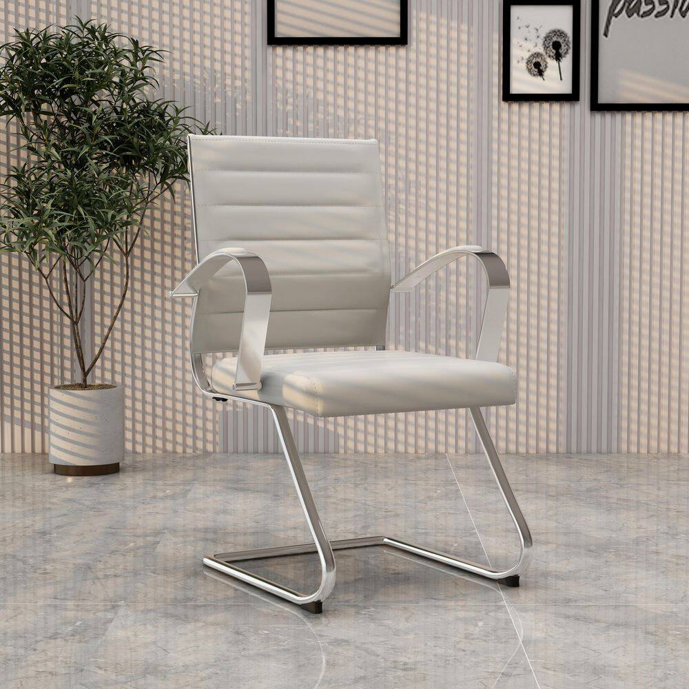 Benmar Office Chair Upholstered in Leather with Stainless Steel Sled Base, Tan