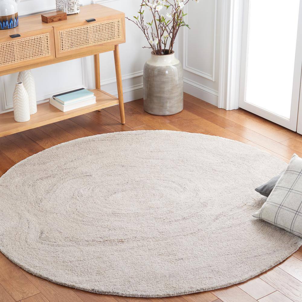 Light Grey and Beige Round Tufted Wool Rug, 6' x 6'