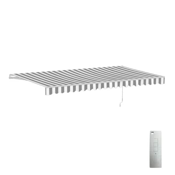 16 ft. Motorized Retractable Awning (120 in. Projection) in Gray and White Striped