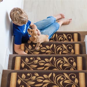 New Brown 8.5 in. x 26 in. Floral Non-Slip Stair Tread Cover (Set of 15)