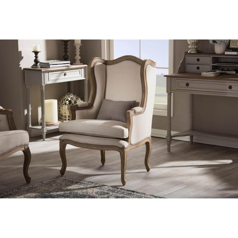 Majestic Beige Wingback Handcrafted Wood Accent Chair