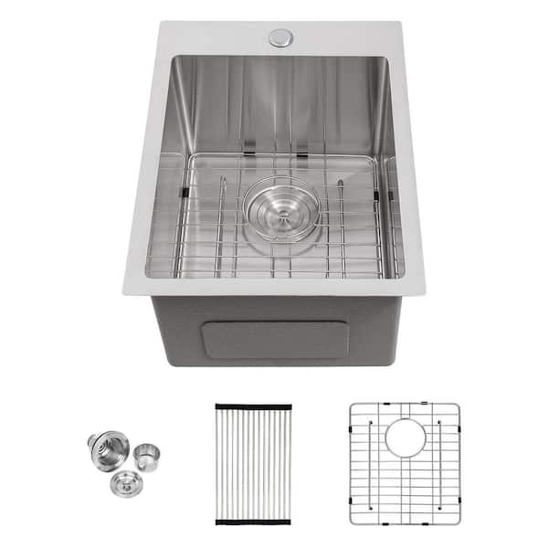 15 in. Drop-In Single Bowl 16 Gauge Brushed Nickel Stainless Steel Kitchen Sink with Bottom Grids