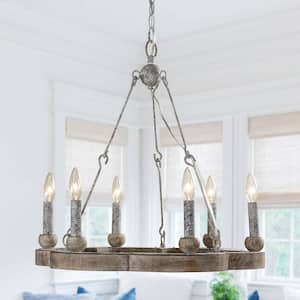 Farmhouse 6-Light Distressed Wood Traditional Wagon Wheel Chandelier for Dining Room