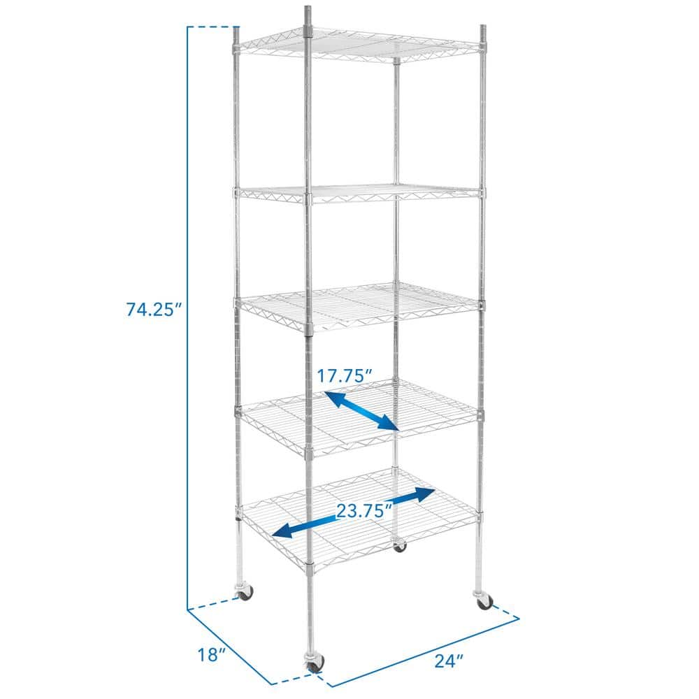 Adjustable 5-Tier Gray Metal Utility Shelf Rack with Wheels