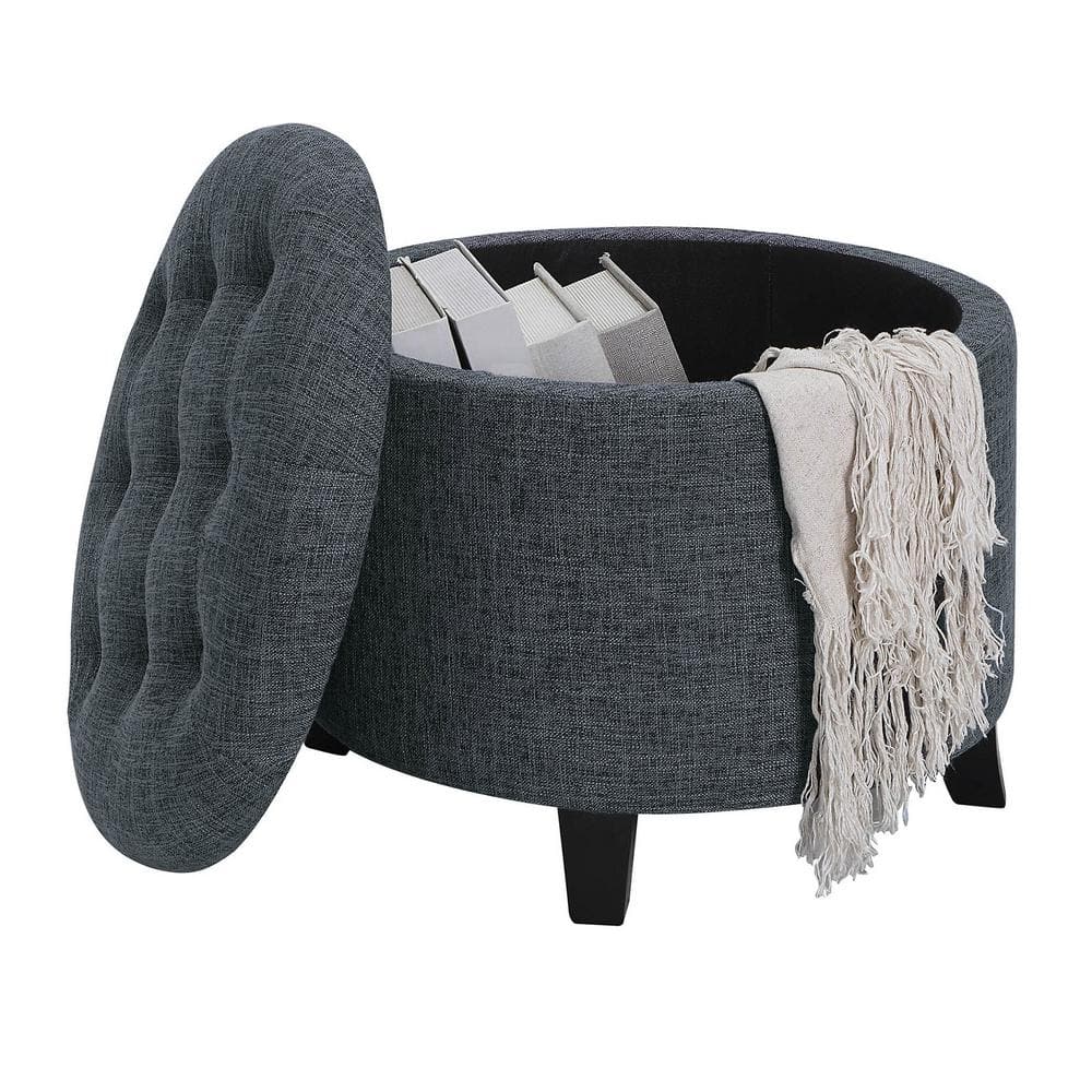 Stormy Gray Tufted Round Storage Ottoman with Dense Foam Cushion