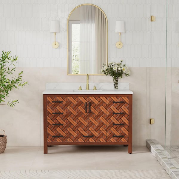 48 in. W x 22 in. D x 34 in. H Freestanding Caramel Woven Brown Bath Vanity with White Engineered Stone Top, Eco Wood