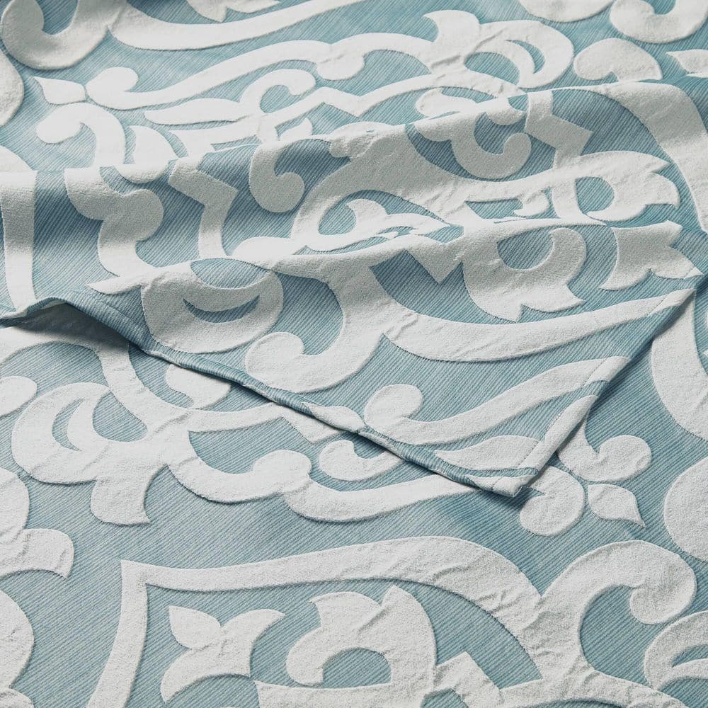 Aqua and Silver Damask Jacquard Fabric Shower Curtain