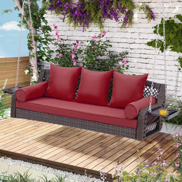 3-Person Wicker Porch Swing with Cup Holders and Red Cushions, Yard Swing with Chains for Deck Garden Backyard