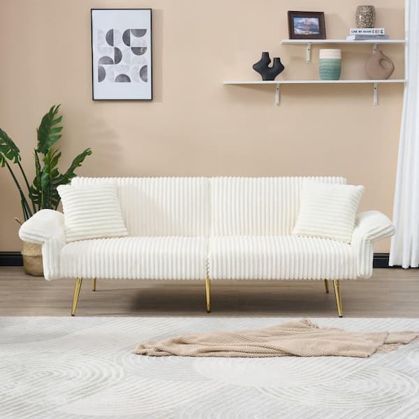 79 in. Foldable White Corduroy Twin Size Sofa Bed with Folding Armrests