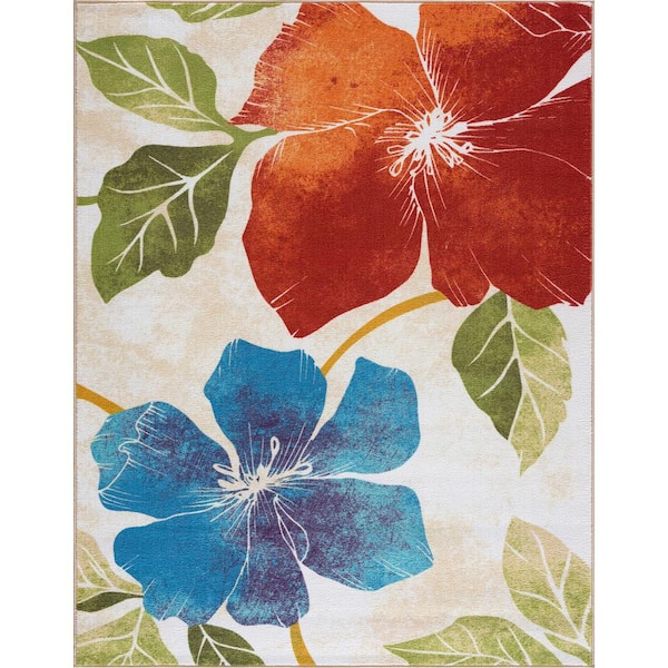 Beverly Rug Bahamas Floral Leaf Multi 5 ft. x 7 ft. Non-Slip Rubber Back Indoor Area Rug