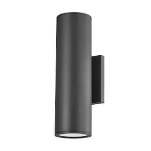Perry 4.5 in. 2-Light Textured Black Outdoor Cylinder Wall Sconce with Clear Etched Glass Diffuser
