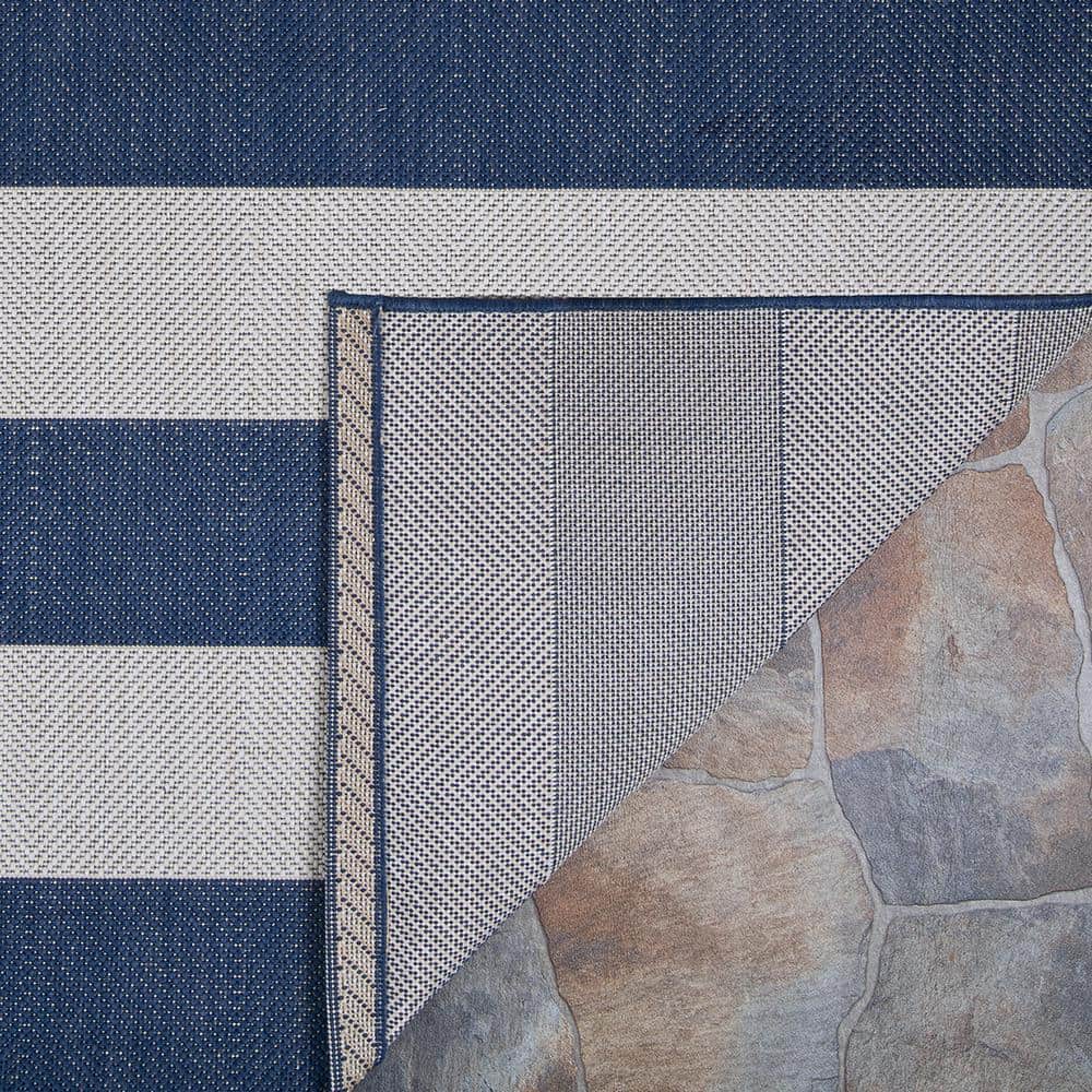 Midnight Blue and Ivory Stripe Synthetic Easy-Care Outdoor Rug, 3'11" x 5'7"