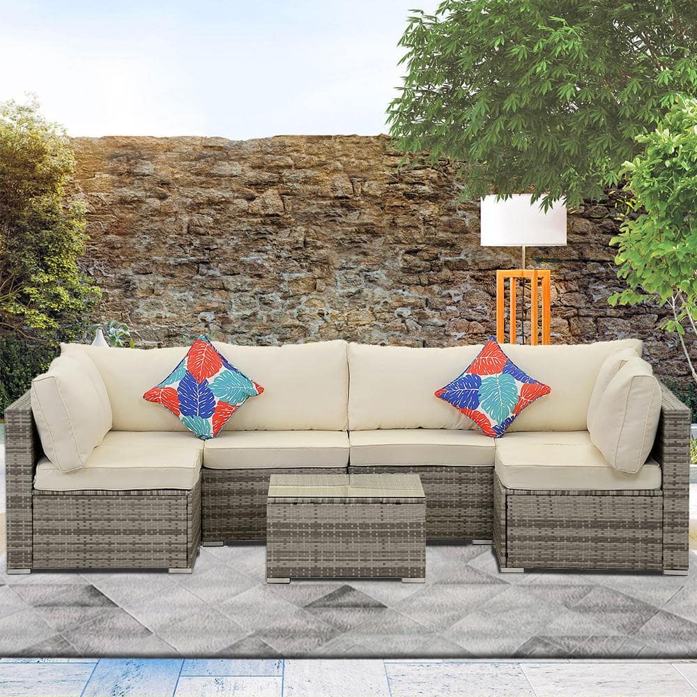 7-Piece Gray Wicker Furniture Outdoor Sectional Sofa with Beige Cushion and