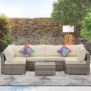 7-Piece Gray Wicker Furniture Outdoor Sectional Sofa with Beige Cushion and Coffee Table
