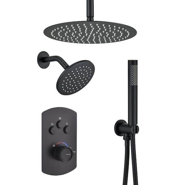 Pressure Balanced 3-Spray 12 in. Dual Shower Head Ceiling Mount Fixed and Handheld Shower Head 2.5 GPM in Matte Black