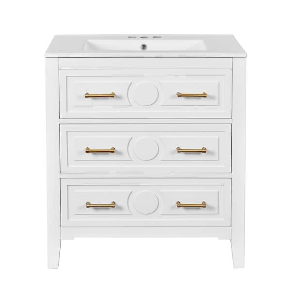 30 in. White Ceramic Console Sink in Solid Wood with 3 Drawers Bathroom Vanity Combo
