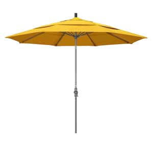 11 ft. Hammertone Grey Aluminum Market Patio Umbrella with Collar Tilt Crank Lift in Lemon Olefin