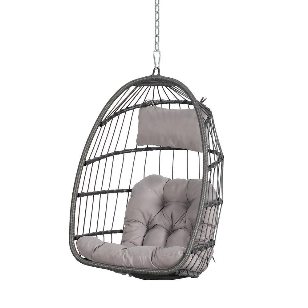 Wicker Hanging Egg Chair in Gray with Light Grey Cushions Patio Swing