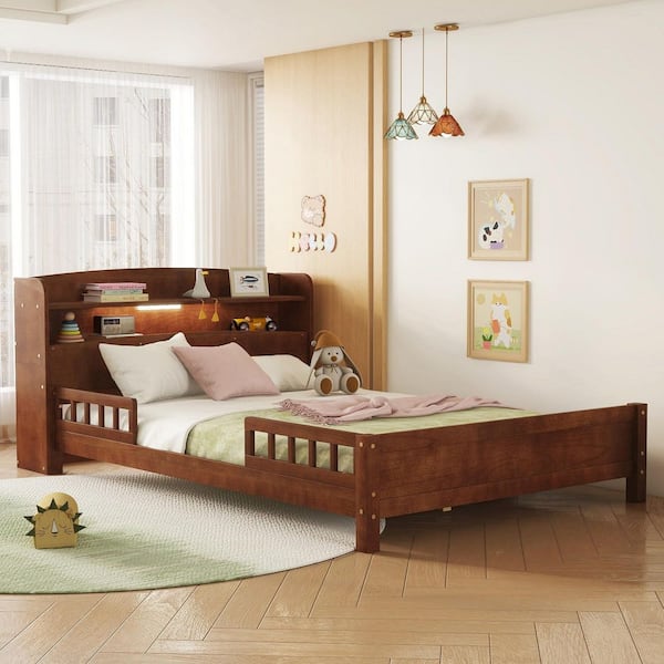 Brown Wood Frame Full Platform Bed with Bookcase Headboard, LED Motion Sensor Light and Guardrails