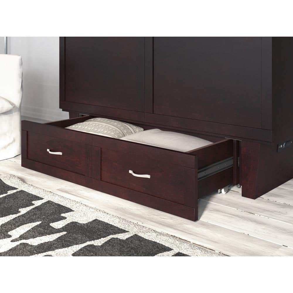 Espresso Queen Murphy Bed Chest with Memory Foam Mattress and USB Charging