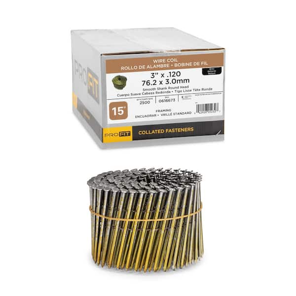 3 in. x 0.120-Gauge 15° Bright Finish Smooth Shank Wire Coil Framing Nails (2500 per Box)