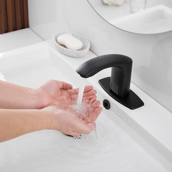 Automatic Sensor Touchless Single Hole Bathroom Sink Faucet with Deck Plate in Matte Black