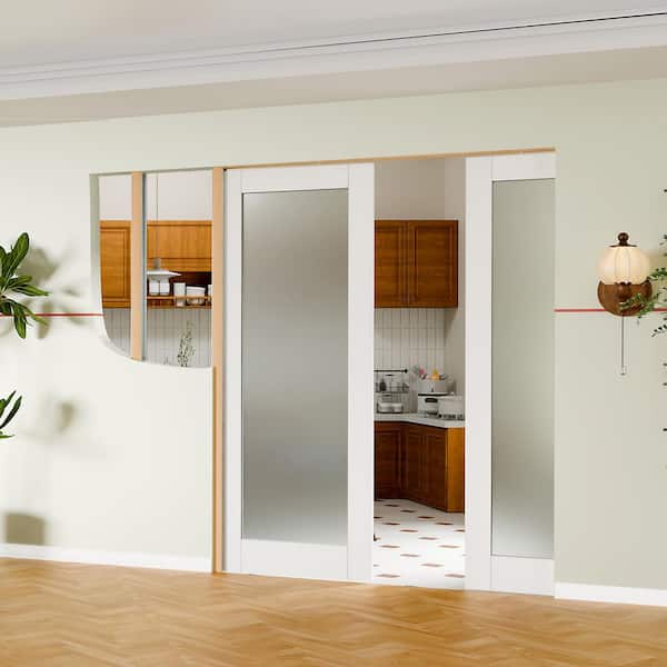 60 in. x 80 in. White Primed Solid Wood 1-Lite Forested Glass Pocket Door with Hardware Kit (Soft Close Included)