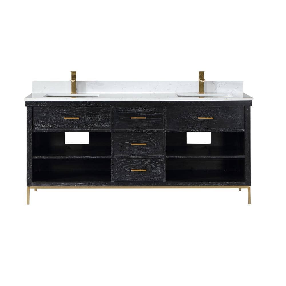 Kesia 72" Black Oak Double Vanity with White Stone Countertop