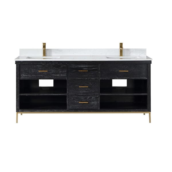 Altair Kesia 72 in. W x 22 in. D x 34 in. H Bath Vanity in Black Oak with Carrara White Composite Stone Top