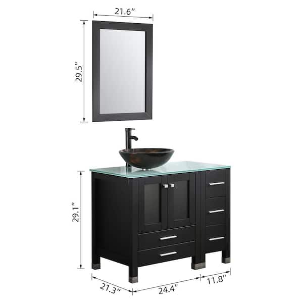 36 in. W x 21.3 in. D x 29.1 in. H Single Sink Bath Vanity in Black with Glass Top and Mirror