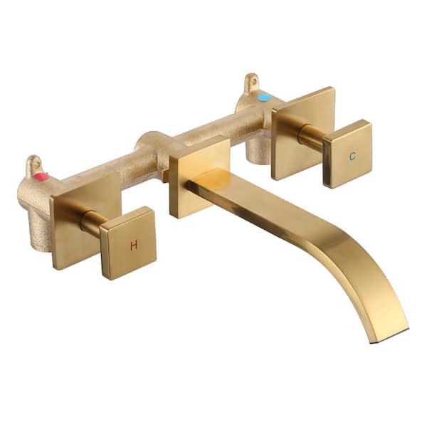 AVITAS Waterfall Double Handle Wall Mounted Bathroom Faucet with Rough in Valve and Knob Handle in Brushed Gold