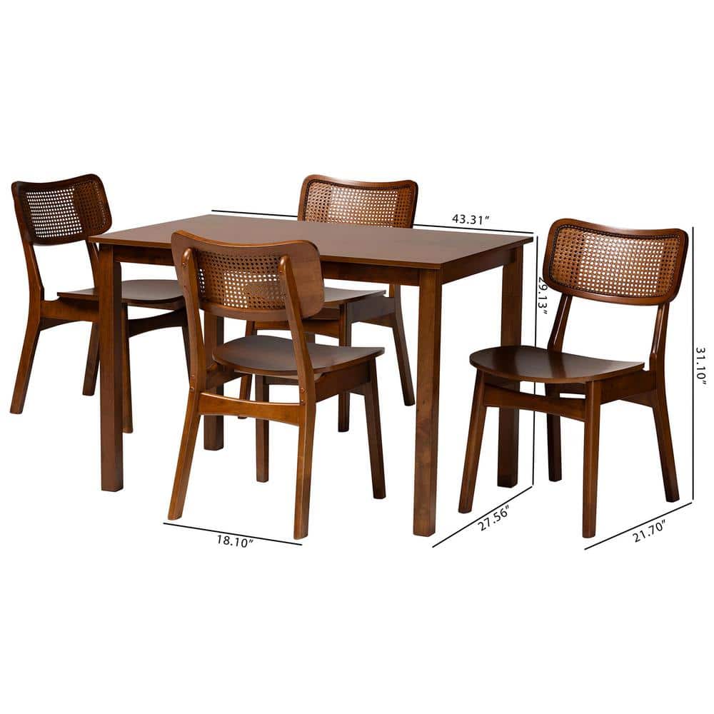 Walnut Brown and Light Brown Wood and Rattan 5-Piece Dining Set