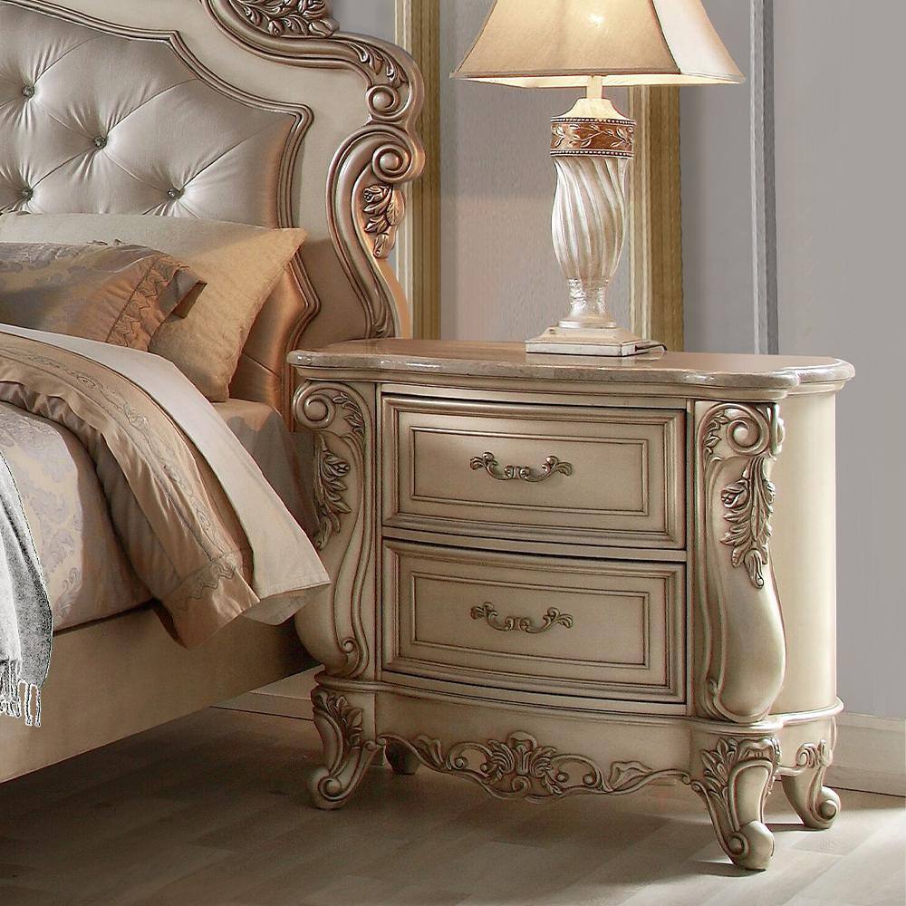 Gorsedd Antique Champagne 2-Drawer Nightstand with Marble Top