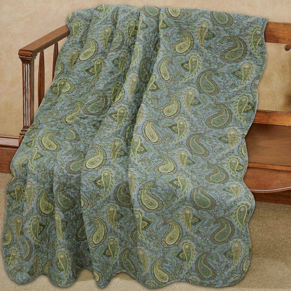 Paisley Blue Green Yellow Scalloped Cotton Reversible Throw Blanket, 60" x 50"