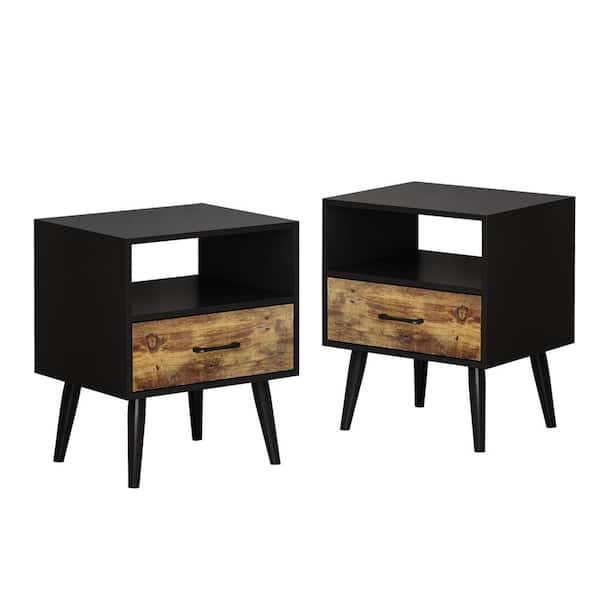 FUFU&GAGA Black Rectangular Wooden End Table, Nightstand with Drawer, 19.7 L x 15.7 in. W x 23.6 in. H (Set of 2) in.