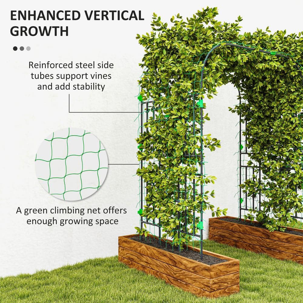 Black Steel Garden Arch Trellis with Climbing Net, 8 FT Tall