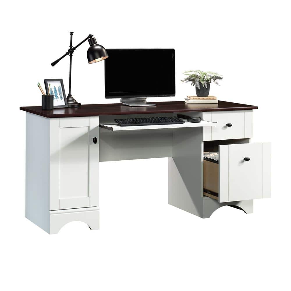 Soft White Multifunctional Computer Desk with Cherry Accent and Storage
