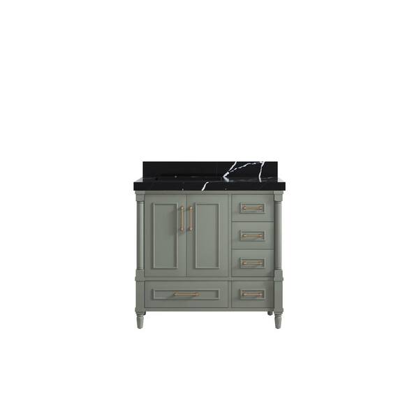 Willow Collections Hudson 36 in. W. x 22 in. D x 36 in. H Single Left Offset Sink Bath Vanity Evergreen with 2 in. Calcutta Black Qt. Top